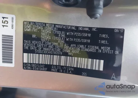 2017 Toyota Sienna Xle 7 Passenger z USA, uszkodzony, nr VIN 5TDDZ3DC4HS182078